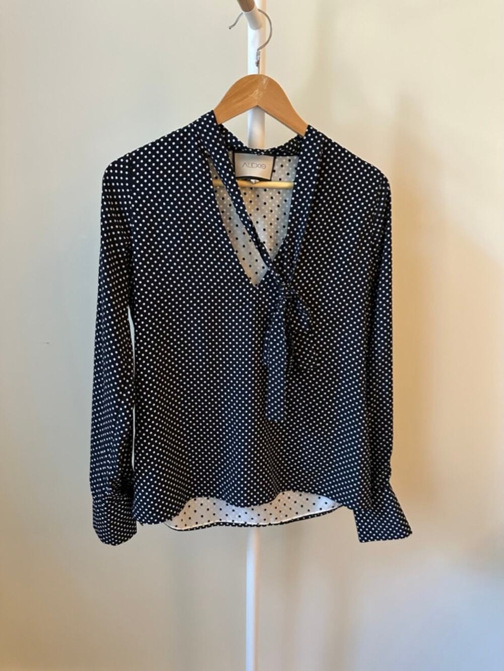 Alexis Navy and White Polka Dot Tie-Neck Blouse, Size Small